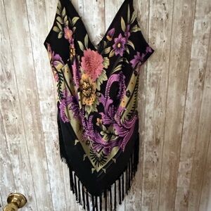 Cache Black Top with Pink and Green and Purple Floral Design Vintage